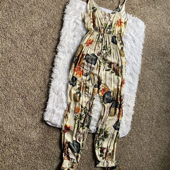 Tropical Hawaiian Floral Pants Jumpsuit Slit Legs Tie Ankle Elastic Waist Thin - Picture 1 of 10